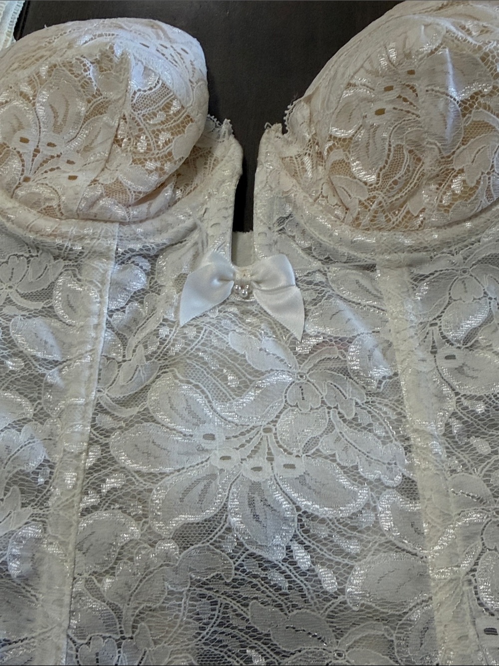 Y2K 90s Vintage Ivory bridal Lace Bustier Corset with Garter Straps - Picture 2 of 8